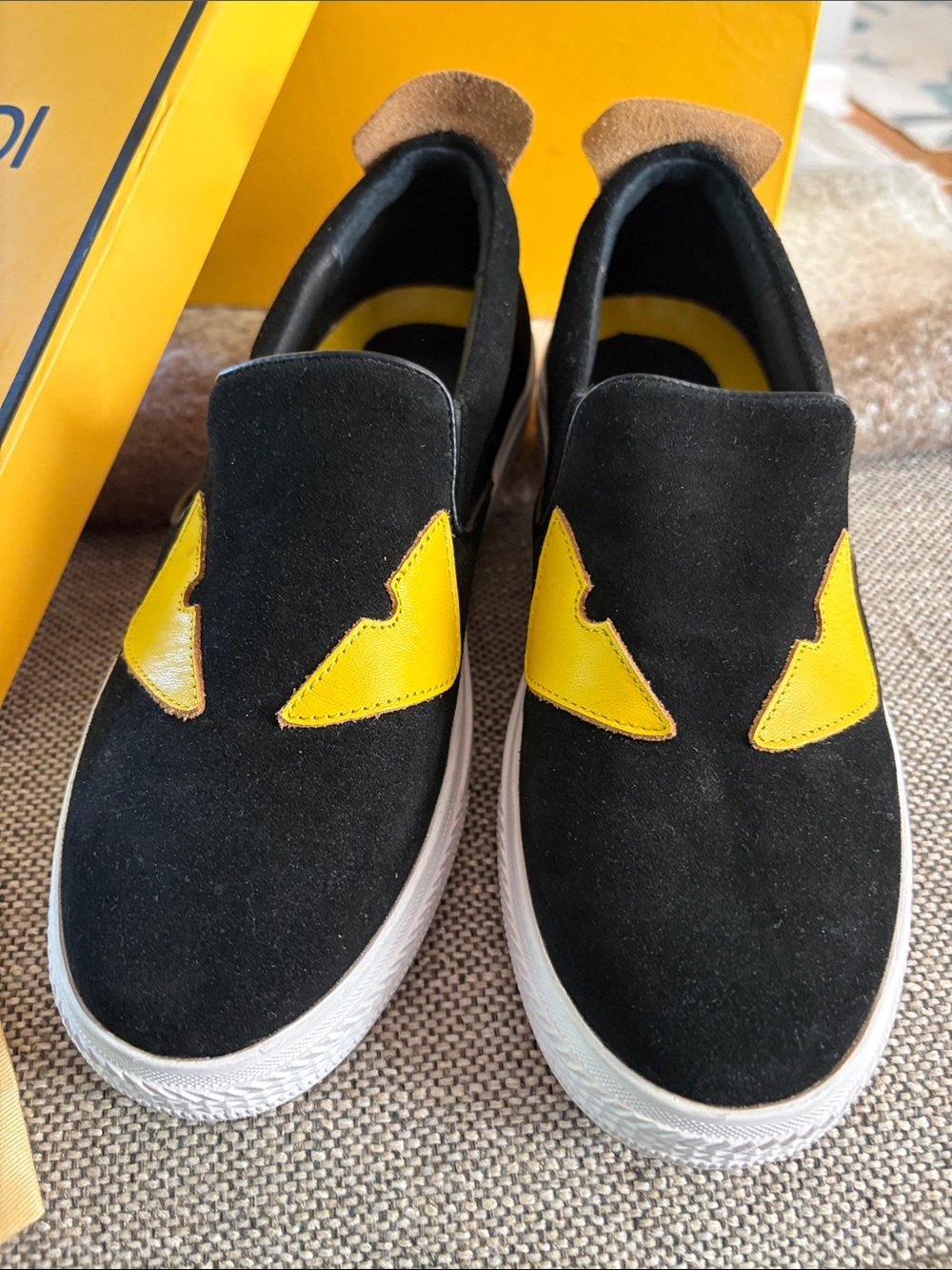 COPY Fendi Black Suede Slip-On Sneakers with Yellow Eye Motif